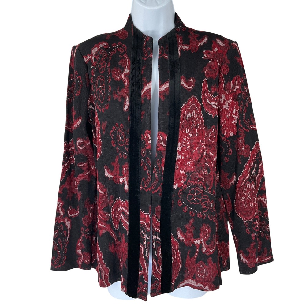 Misook Blazer‎ Womens Sz M Black Red Paisley Velvet Trim Open Front Jacket